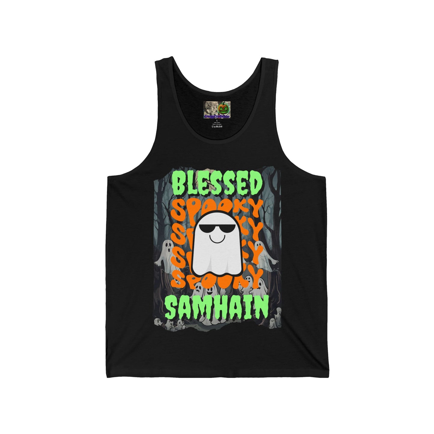Spooky Blessed Samhain Ghost Green font Unisex Jersey Tank Top by CreepyCrafts.boo