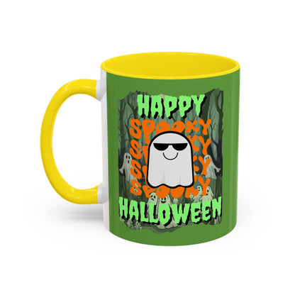 Spooky Happy Halloween Ghost Green font Green Accent Mug by CreepyCrafts.boo