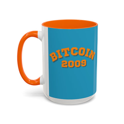 Bitcoin 2009 Turquoise Accent Mug by cypherpunkgear.com