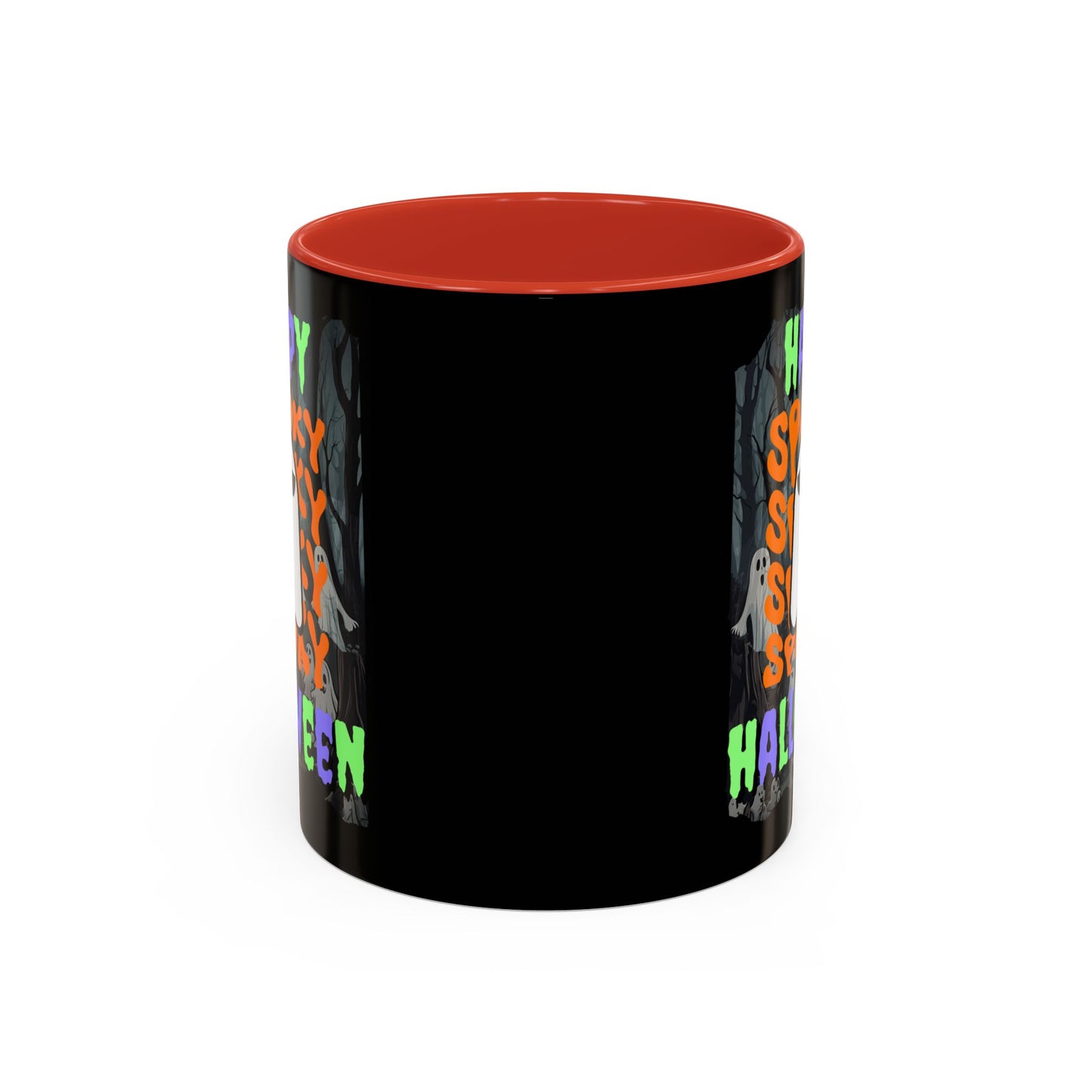 Spooky Happy Halloween Ghost Mixed font Black Accent Mug by CreepyCrafts.boo