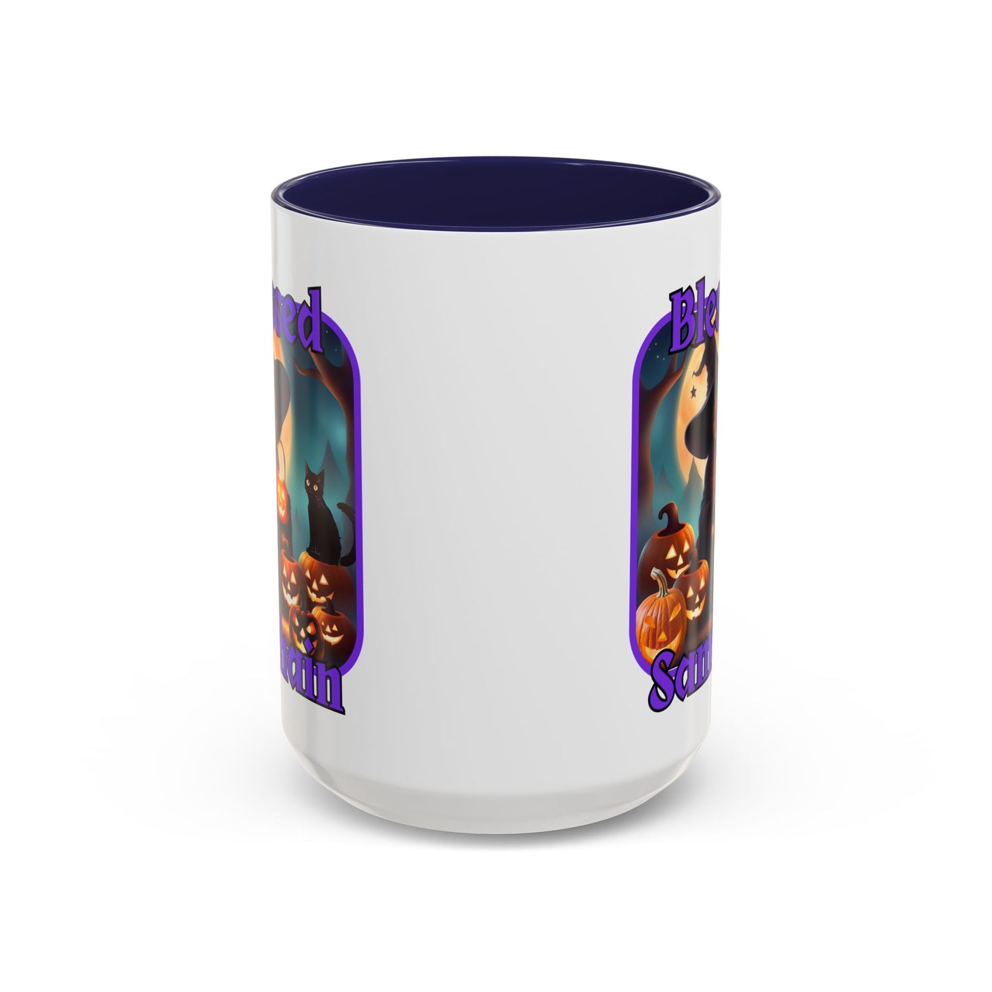 Blessed Samhain Cute Witch Purple font White Accent Mug by CreepyCrafts.boo