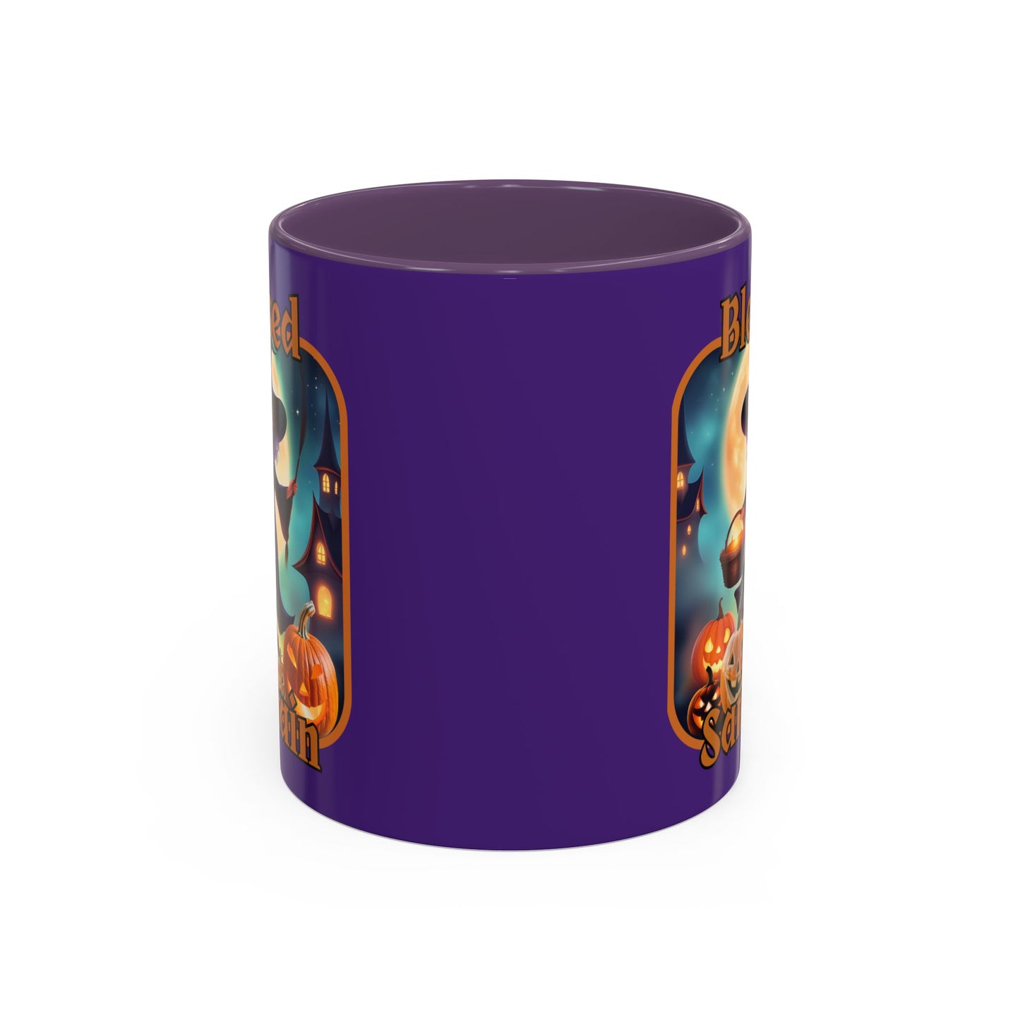 Blessed Samhain Little Witch Orange font Purple Accent Mug by CreepyCrafts.boo