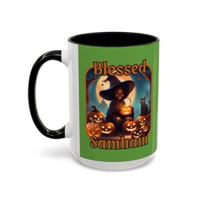 Blessed Samhain Cute Witch Orange font Green Accent Mug by CreepyCrafts.boo