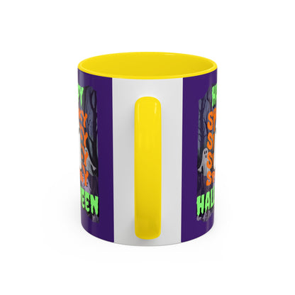 Spooky Happy Halloween Ghost Green font Purple Accent Mug by CreepyCrafts.boo