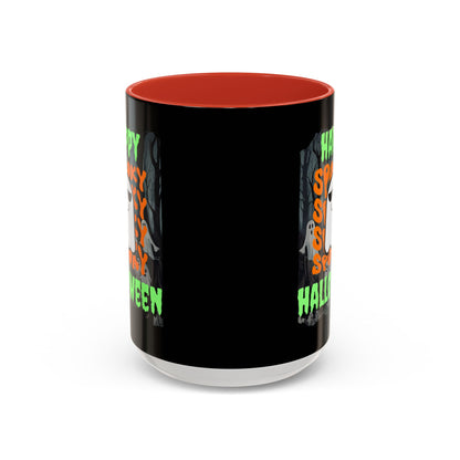 Spooky Happy Halloween Ghost Green font Black Accent Mug by CreepyCrafts.boo