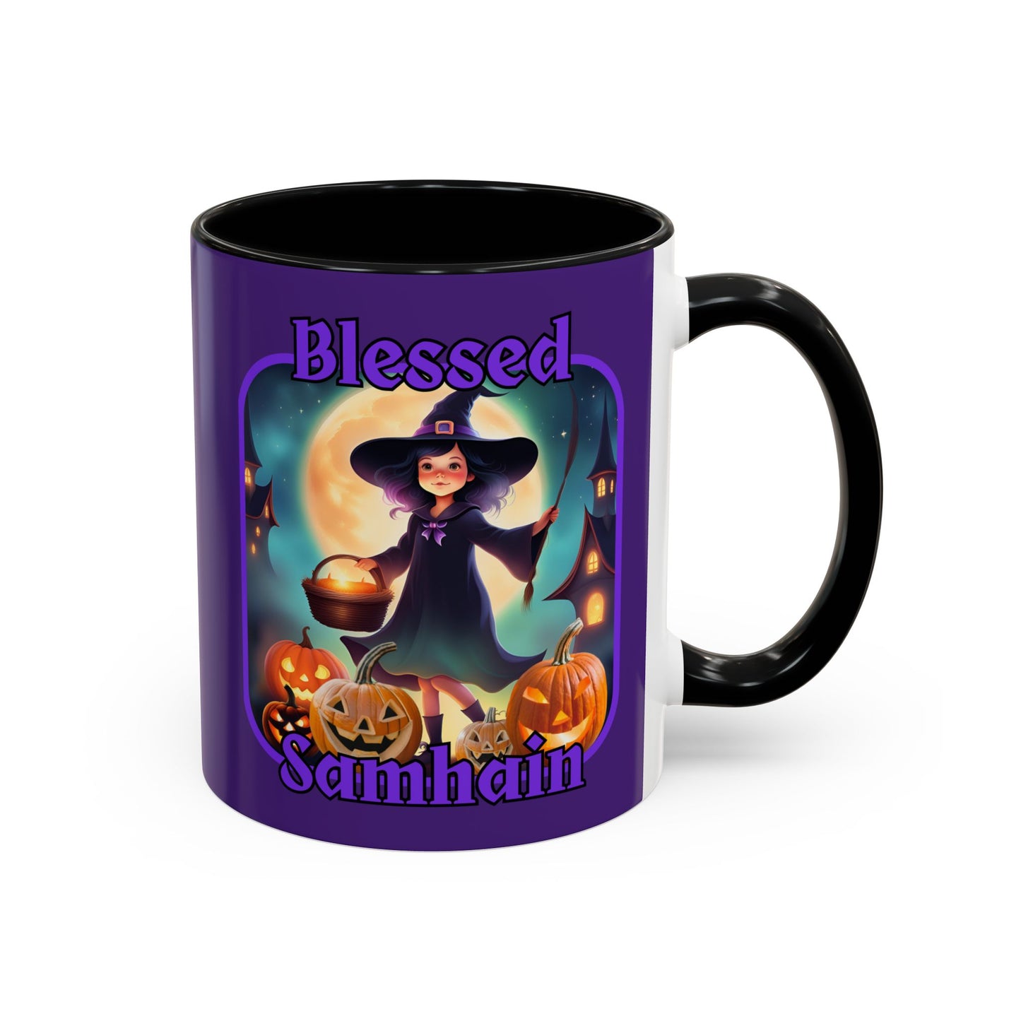Blessed Samhain Little Witch Purple font Purple Accent Mug by CreepyCrafts.boo