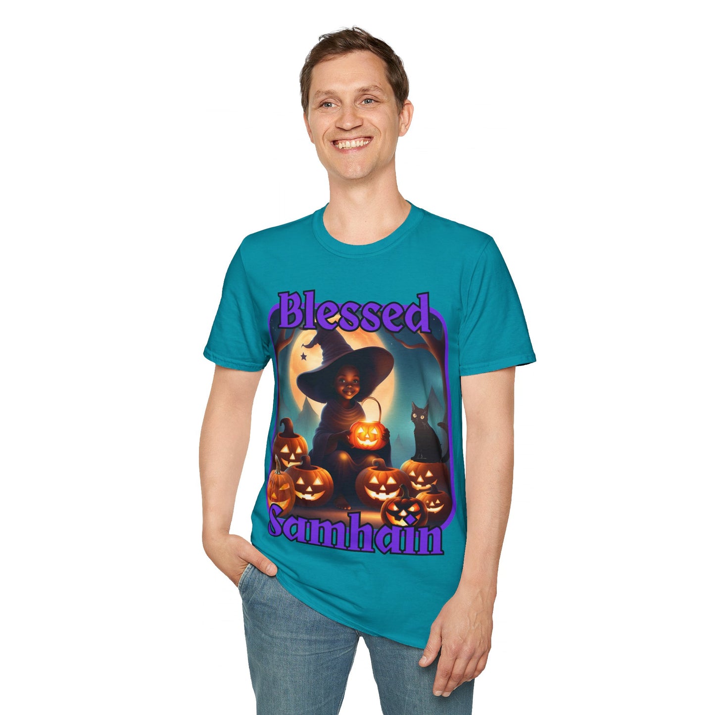 Blessed Samhain Cute Witch PRfont DKcolors Unisex T-Shirt by cypherpunkgear