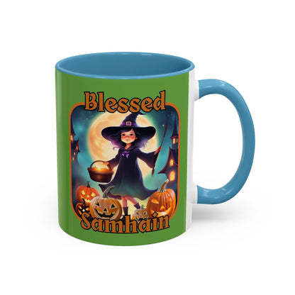 Blessed Samhain Little Witch Orange font Green Accent Mug by CreepyCrafts.boo