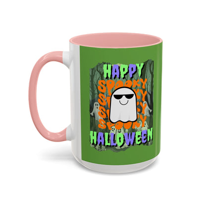 Spooky Happy Halloween Ghost Mixed font Green Accent Mug by CreepyCrafts.boo