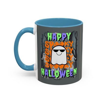Spooky Happy Halloween Ghost Mixed font Grey Accent Mug by CreepyCrafts.boo