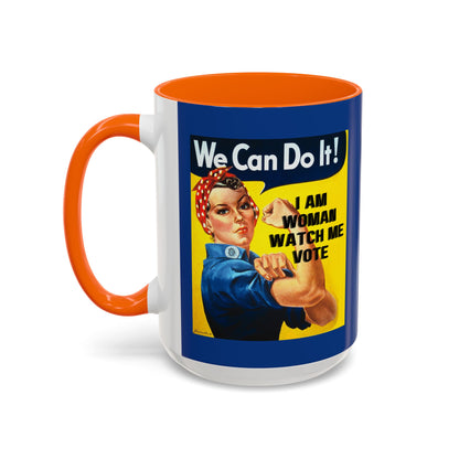 I Am Woman Watch Me Vote Rosie Dark Blue Accent Mug by cypherpunkgear.com