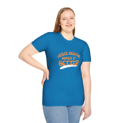 Uisce Beatha makes it better Orange font Dark colors Unisex T-Shirt by cypherpunkgear.com