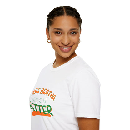 Uisce Beatha makes it better Orange, White, and Green font Light colors Unisex T-Shirt by cypherpunkgear.com