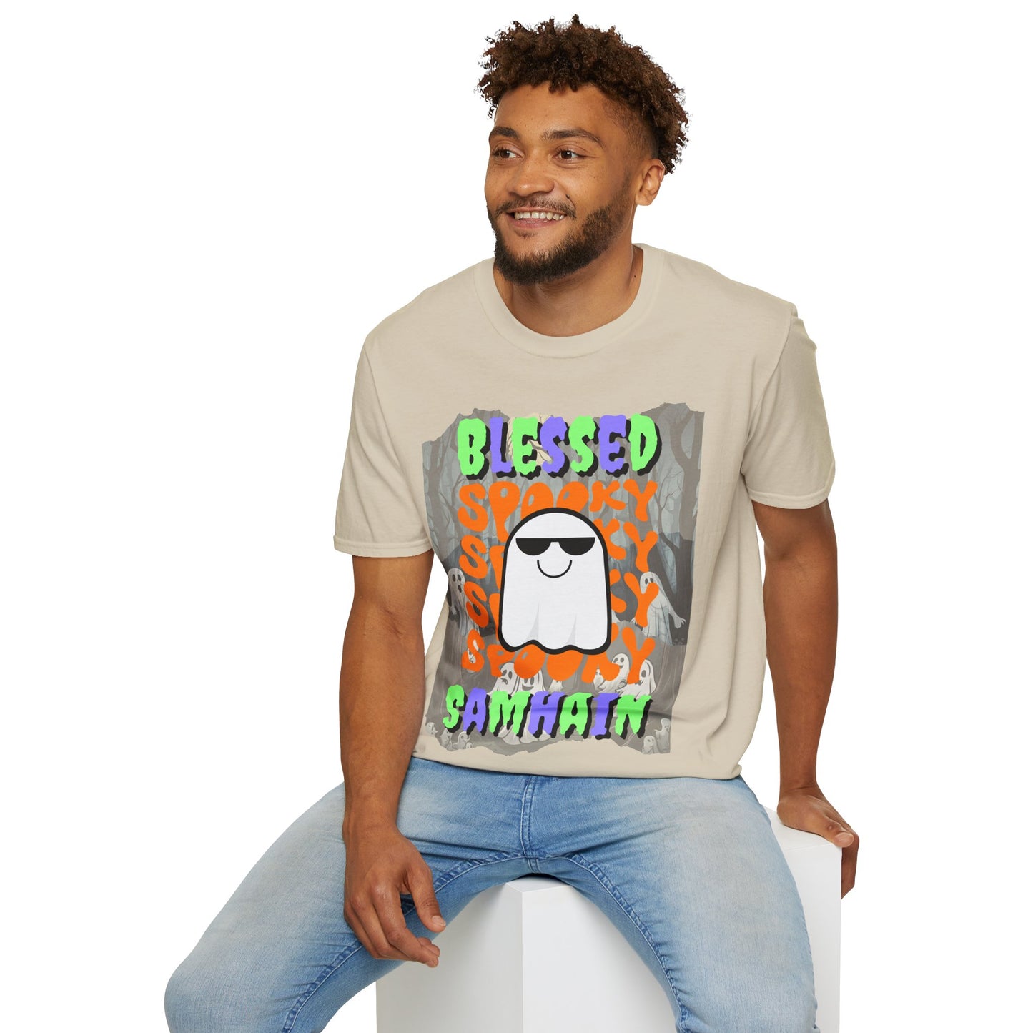 Spooky Blessed Samhain Ghost Mixed font Unisex T-Shirt by CreepyCrafts.boo