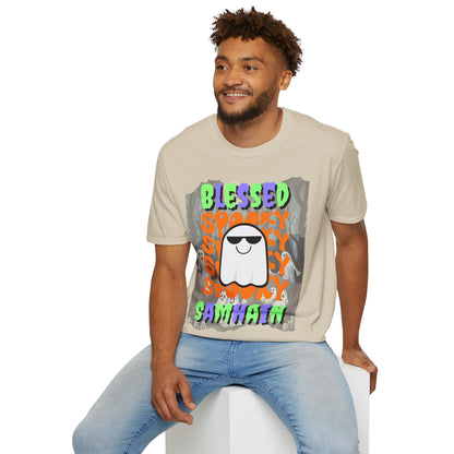 Spooky Blessed Samhain Ghost Mixed font Unisex T-Shirt by CreepyCrafts.boo