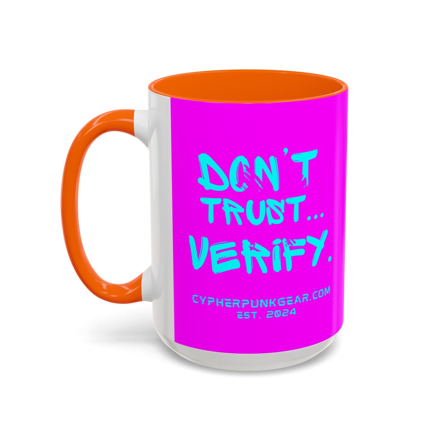 Don't Trust...Verify. Electric Magenta Accent Mug by cypherpunkgear.com