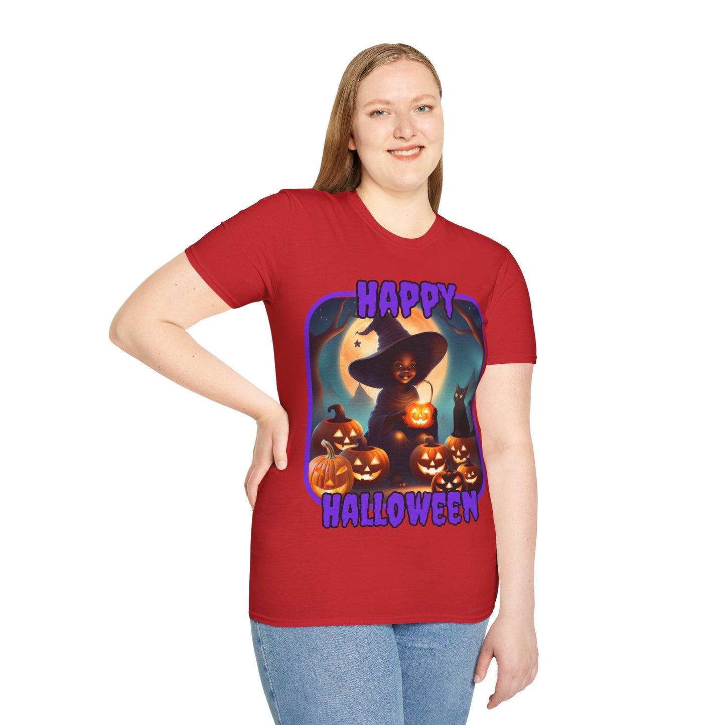 Happy Halloween Cute Witch Purple font Light colors Unisex T-Shirt by CreepyCrafts.boo