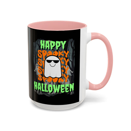 Spooky Happy Halloween Ghost Green font Black Accent Mug by CreepyCrafts.boo