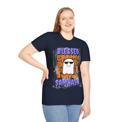Spooky Blessed Samhain Ghost Purple font Unisex T-Shirt by CreepyCrafts.boo