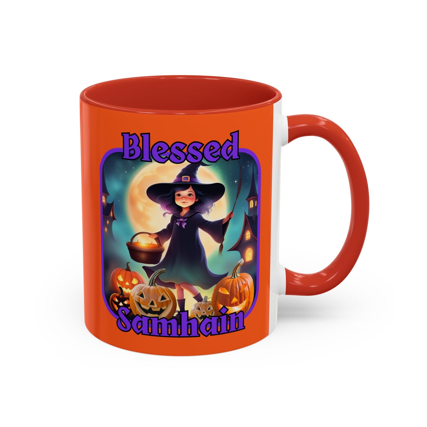 Blessed Samhain Little Witch Purple font Orange Accent Mug by CreepyCrafts.boo