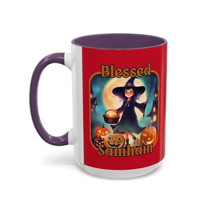 Blessed Samhain Little Witch Orange font Red Accent Mug by CreepyCrafts.boo