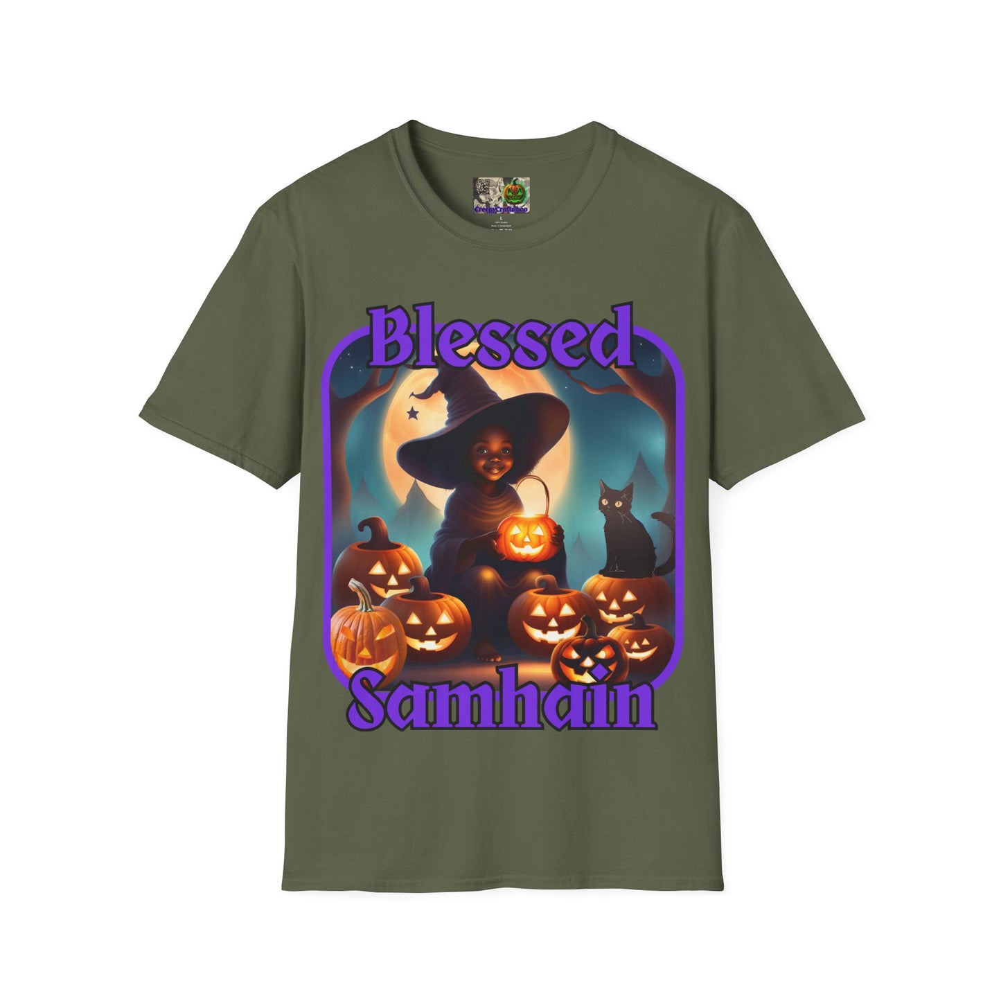 Blessed Samhain Cute Witch Purple font Dark colors Unisex T-Shirt by CreepyCrafts.boo