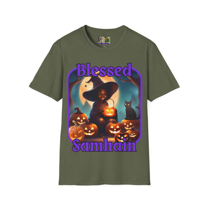 Blessed Samhain Cute Witch Purple font Dark colors Unisex T-Shirt by CreepyCrafts.boo