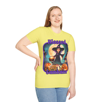 Blessed Samhain Little Witch Purple font Light colors Unisex T-Shirt by CreepyCrafts.boo
