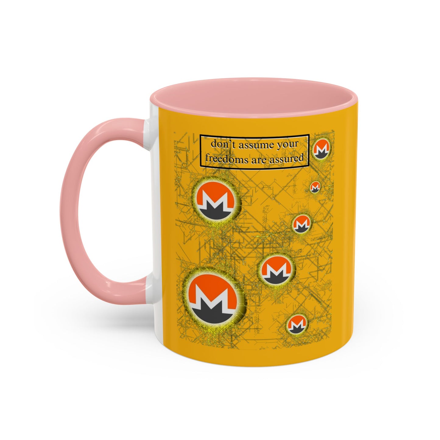Monero (XMR) don't assume your freedoms are assured Yellow Accent Mug by cypherpunkgear.com