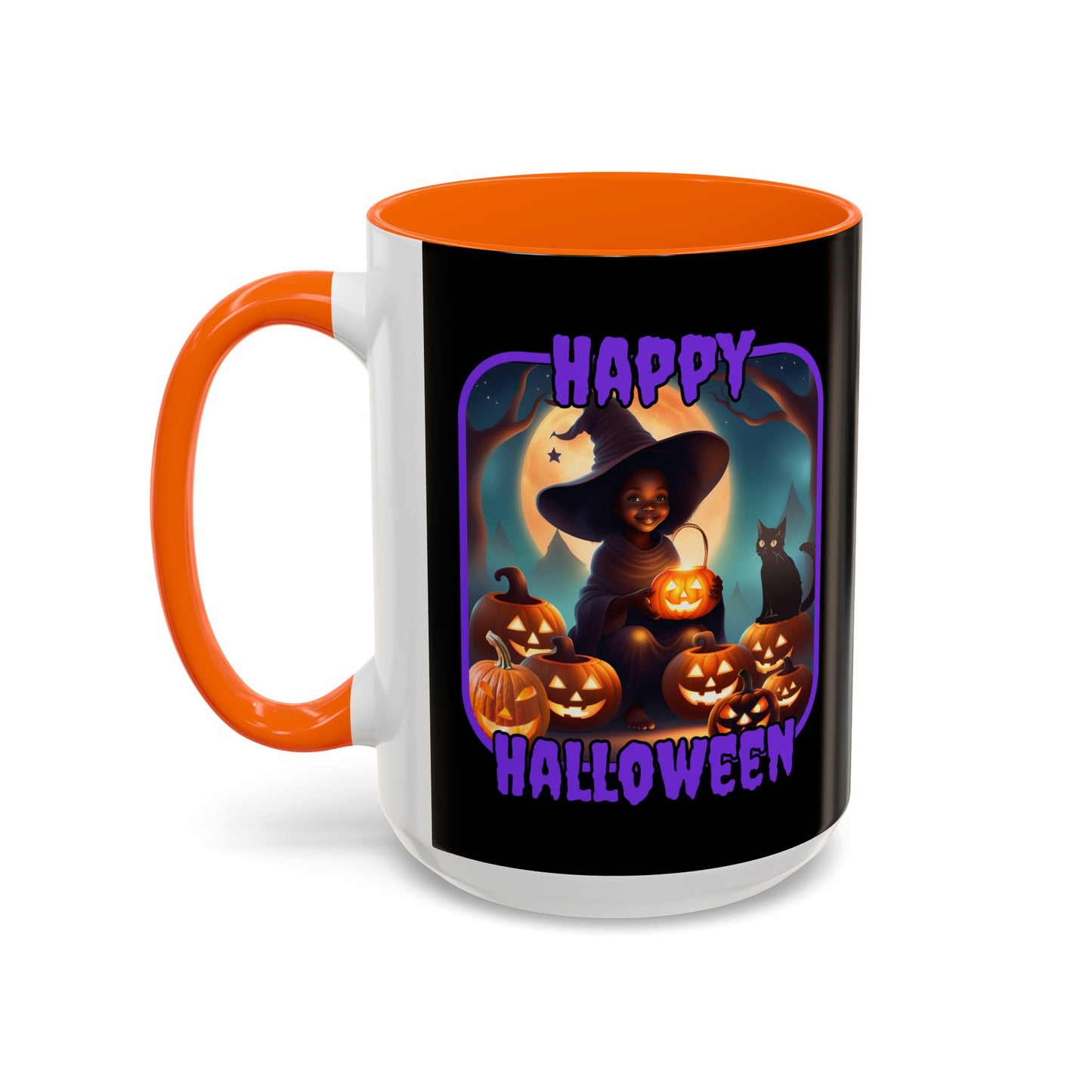 Happy Halloween Cute Witch Purple font Black Accent Mug by CreepyCrafts.boo