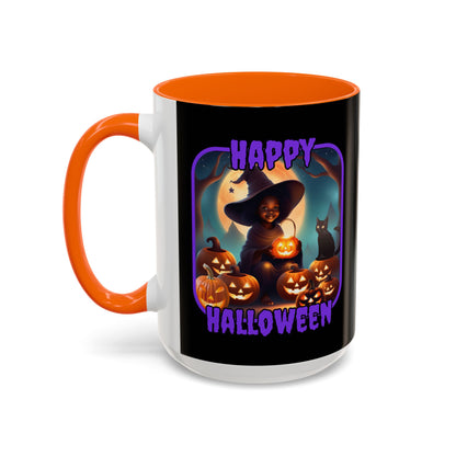 Happy Halloween Cute Witch Purple font Black Accent Mug by CreepyCrafts.boo