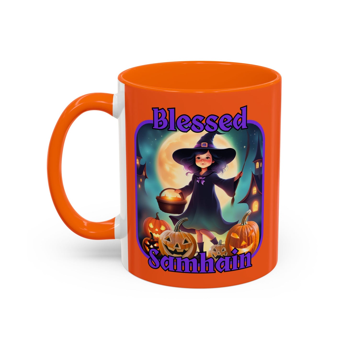 Blessed Samhain Little Witch Purple font Orange Accent Mug by CreepyCrafts.boo
