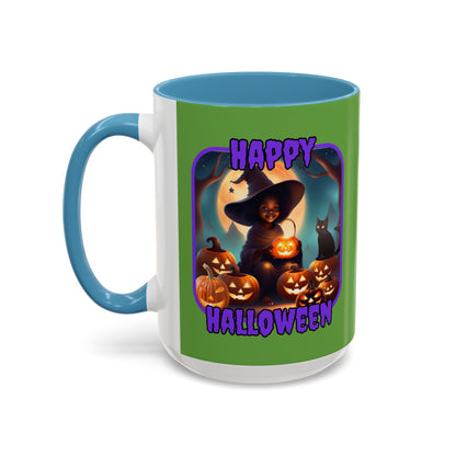 Happy Halloween Cute Witch Purple font Green Accent Mug by CreepyCrafts.boo