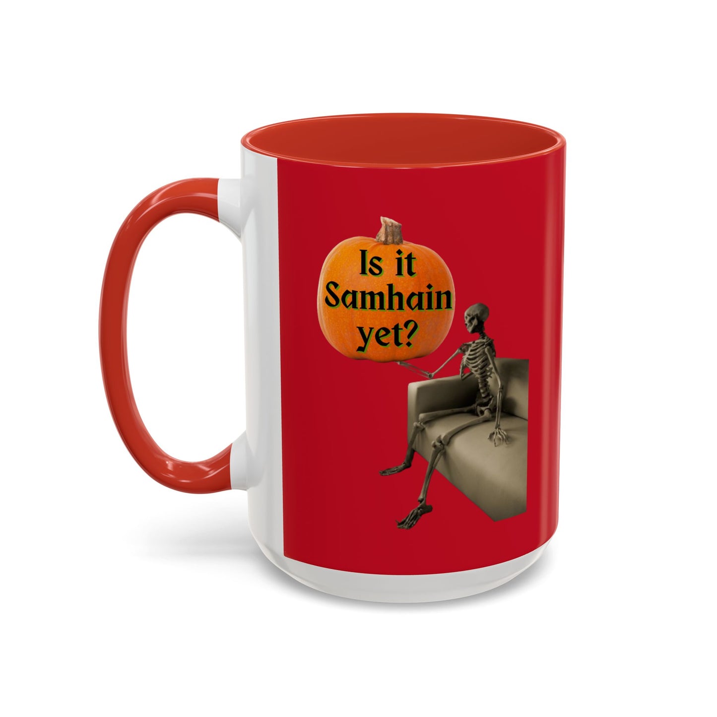 Is it Samhain yet? Skeleton's Pumpkin Red Accent Mug by CreepyCrafts.boo