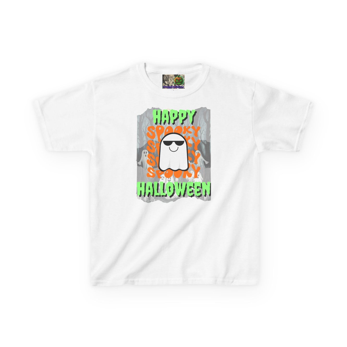 Spooky Happy Halloween Ghost Green font Kids Heavy Cotton™ Tee by CreepyCrafts.boo