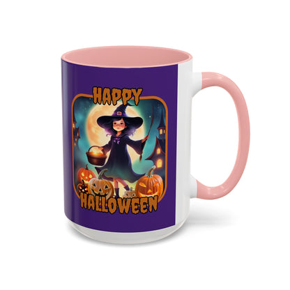 Happy Halloween Little Witch Orange font Purple Accent Mug by CreepyCrafts.boo