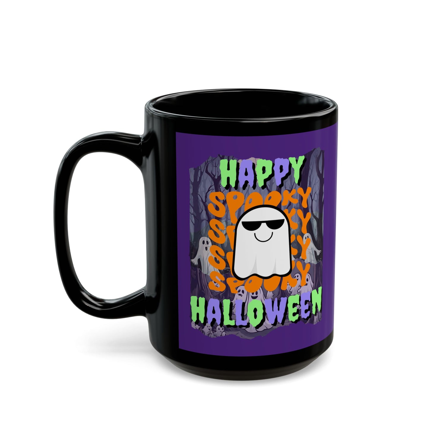Spooky Happy Halloween Ghost Mixed font Purple Mug by CreepyCrafts.boo