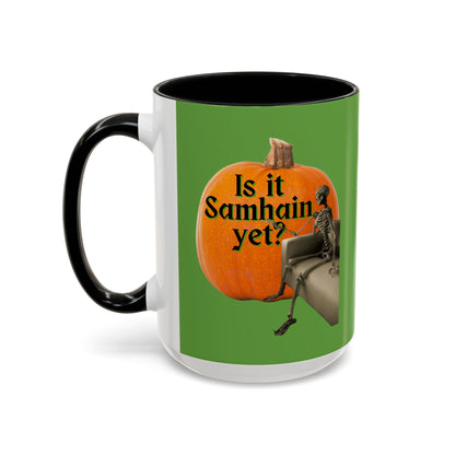 Is It Samhain Yet? Skeleton's Giant Pumpkin Green Accent Mug by CreepyCrafts.boo