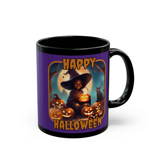 Happy Halloween Cute Witch Orange font Purple Mug by CreepyCrafts.boo