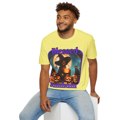 Blessed Samhain Cute Witch Purple font Light colors Unisex T-Shirt by CreepyCrafts.boo