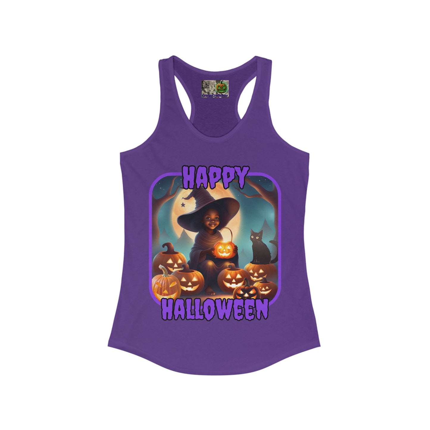Happy Halloween Cute Witch Purple font Women's Racerback Tank Top by CreepyCrafts.boo