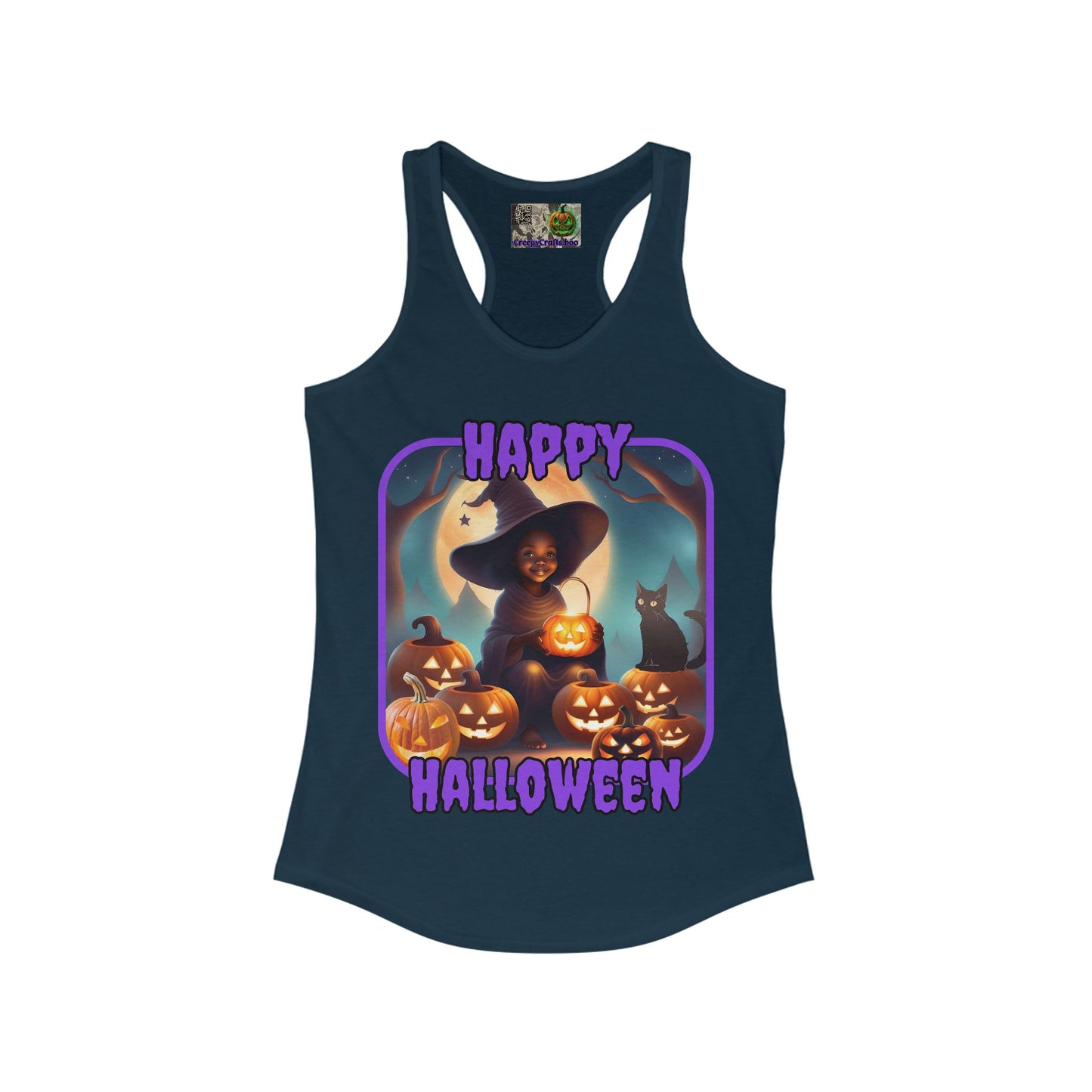 Happy Halloween Cute Witch Purple font Women's Racerback Tank Top by CreepyCrafts.boo