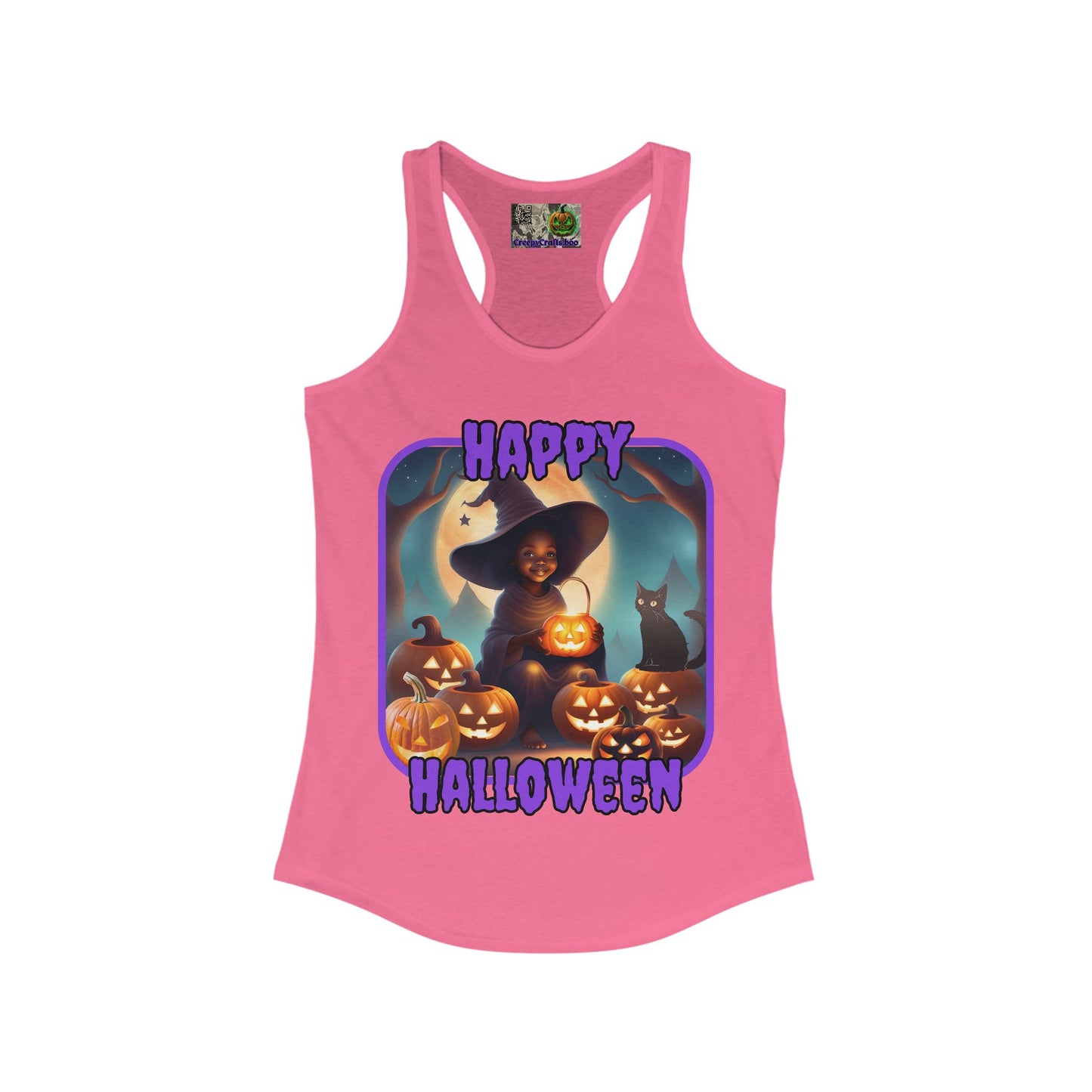 Happy Halloween Cute Witch Purple font Women's Racerback Tank Top by CreepyCrafts.boo
