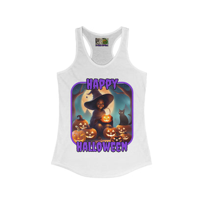 Happy Halloween Cute Witch Purple font Women's Racerback Tank Top by CreepyCrafts.boo