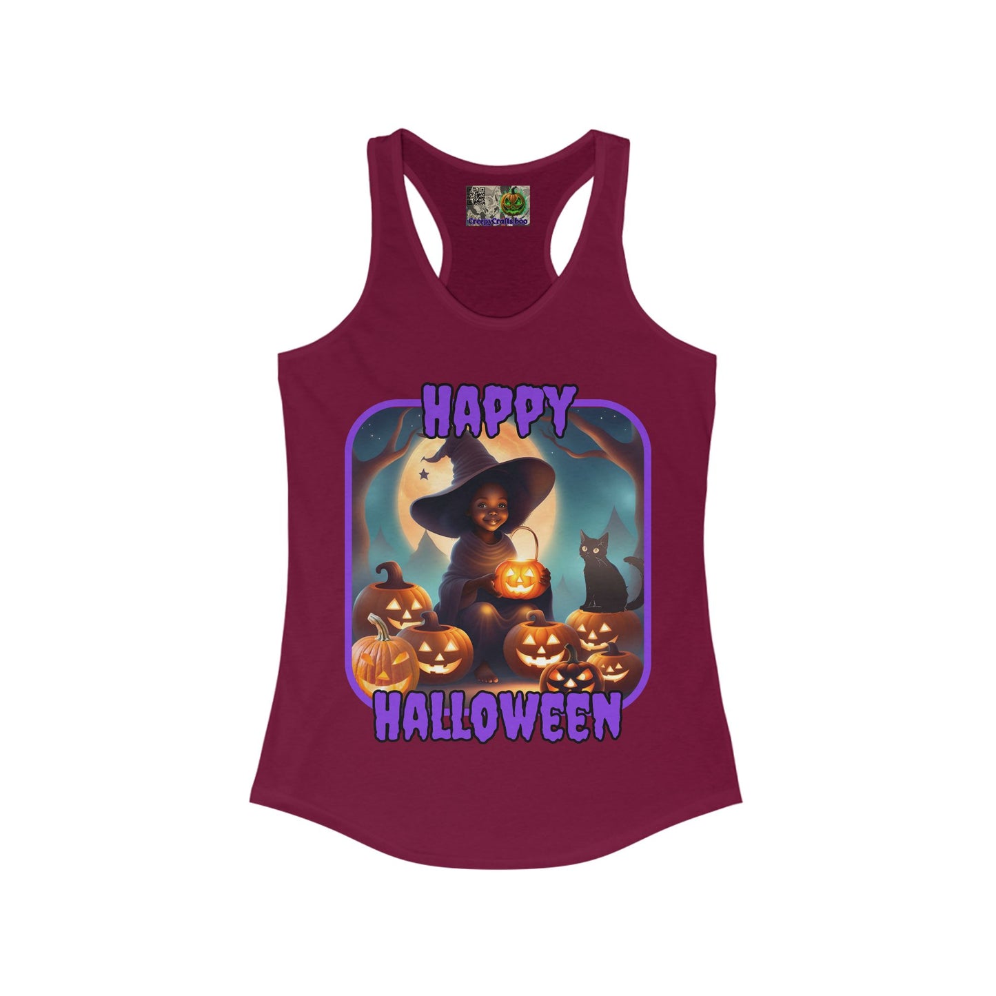 Happy Halloween Cute Witch Purple font Women's Racerback Tank Top by CreepyCrafts.boo