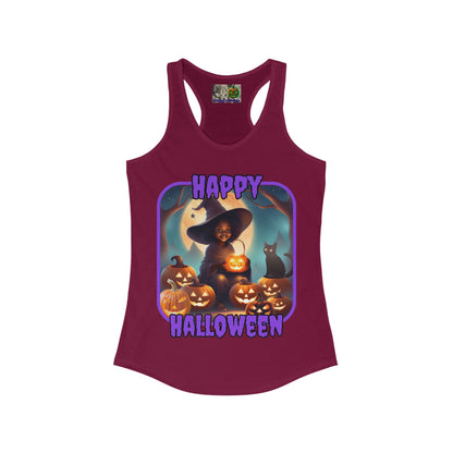 Happy Halloween Cute Witch Purple font Women's Racerback Tank Top by CreepyCrafts.boo