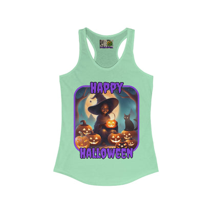Happy Halloween Cute Witch Purple font Women's Racerback Tank Top by CreepyCrafts.boo