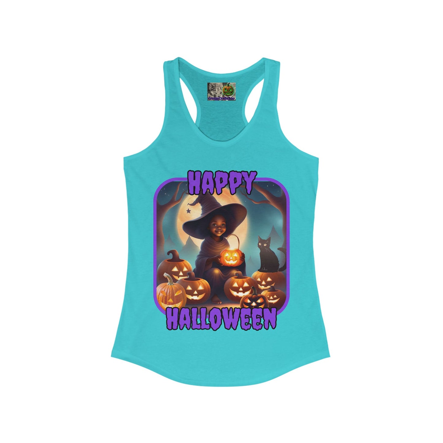 Happy Halloween Cute Witch Purple font Women's Racerback Tank Top by CreepyCrafts.boo