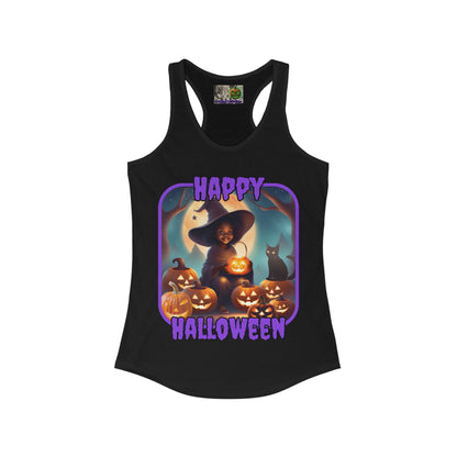 Happy Halloween Cute Witch Purple font Women's Racerback Tank Top by CreepyCrafts.boo