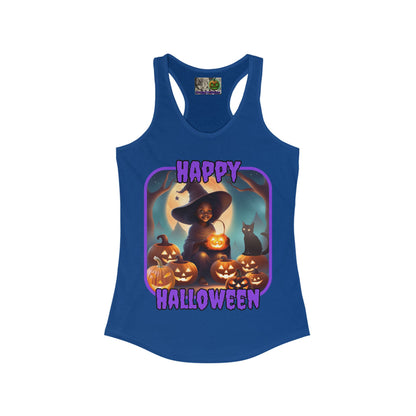 Happy Halloween Cute Witch Purple font Women's Racerback Tank Top by CreepyCrafts.boo
